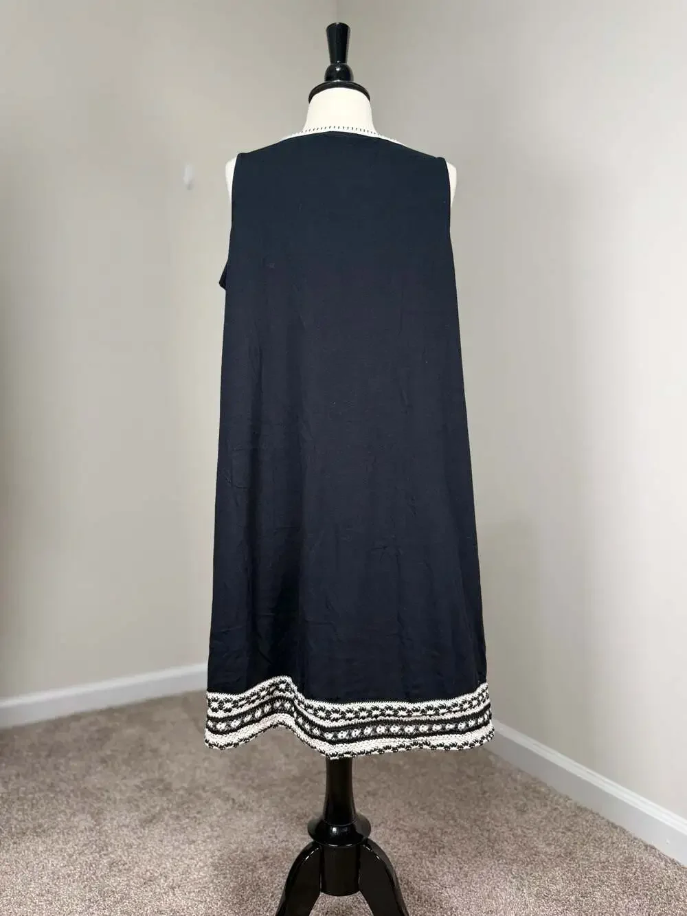 J Jill Cotton Modal Swing Dress Embroidered Hem Black M